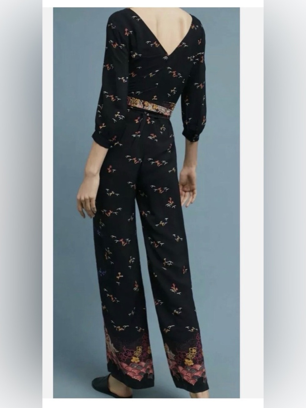 Anthropologie Feather Bone Nara Wide Leg Black Floral Wrap Jumpsuit - Picture 3 of 14